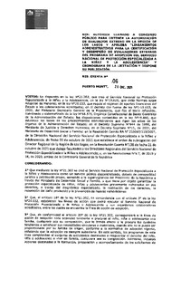 Resolución Exenta N°06 del 28 de diciembre del 2021 que autoriza llamado a concurso público para obtener la autorización del evaluador externo en la región de Los Lagos y aprueba "Lineamientos administrativos para la certificación y desempeño de evaluadores externos del Programa de Adopción del Servicio Nacional de Protecció Especializada a la Niñez y la Adolescencia" y cronograma de la licitación