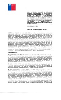Resolución Exenta N°30 del 28 de diciembre del 2021 que autoriza llamado a concurso público para obtener la autorización del evaluador externo en la región de Ñuble y aprueba "Lineamientos administrativos para la certificación y desempeño de evaluadores externos del Programa de Adopción del Servicio Nacional de Protecció Especializada a la Niñez y la Adolescencia" y cronograma de la licitación