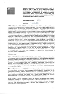 Resolución Exenta N°924 del 18 de agosto de 2023 que resuelve parcialmente el segundo concurso público de proyectos para la línea de acción Diagnóstico Clínico Especializado y seguimiento de casos y pericia, específicamente del Programa de Diagnóstico Clínico Especializado para colaboradores acreditados del Servicio de Protección en la región de Tarapacá