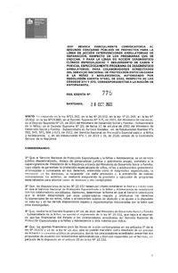 Resolución Exenta N°775 del 20 de octubre de 2022 que revoca parcialmente convocatoria al segundo concurso público de proyectos para la línea de acción Intervenciones Ambulatorias de Reparación, respecto de los programas que se indican, y para la línea de acción Diagnóstico Clínico Especializado y seguimiento de casos y pericia