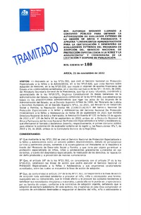 Resolución Exenta N° 188 del 21 de noviembre del 2022: Autoriza el llamado a concurso público para obtener la autorización de evaluadores externo en la Región de Arica y Parinacota y Aprueba lineamientos administrativos para la certificación y desempeño de Evaluadores Externos del Programa de Adopción del Servicio Nacional de Protección Especializada a la Niñez y Adolescencia, la cual además incorpora el cronograma del concurso público de Evaluadores Externos de la región de Arica y Parinacota 2022.