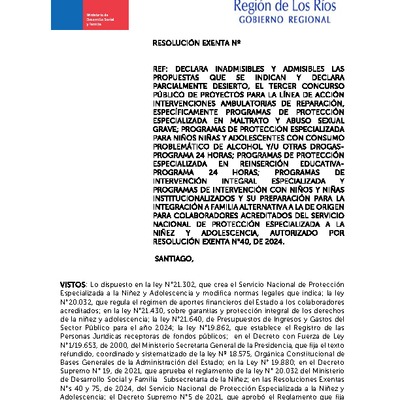 Resolución Exenta Nº218 que declara inadmisibles y admisibles las propuestas del Tercer Concurso y desierto parcialmente