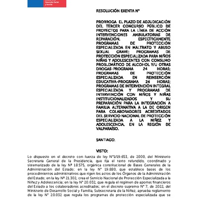 Resolución Exenta Nº219 que prorroga el plazo de adjudicación del Tercer Concurso en la región de Valparaíso