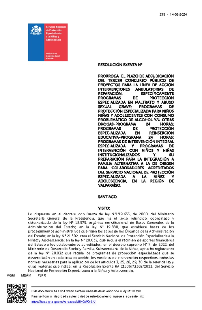 Resolución Exenta Nº219 que prorroga el plazo de adjudicación del Tercer Concurso en la región de Valparaíso