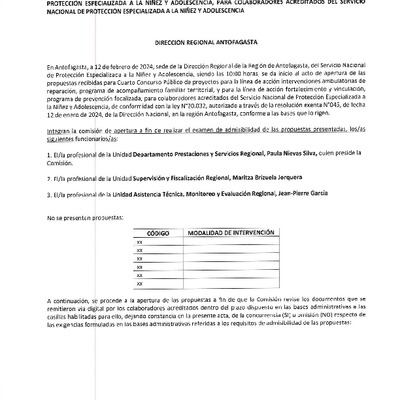 Actas de apertura Cuarto Concurso Público de Proyectos para la Línea de acción intervención ambulatoria de reparación