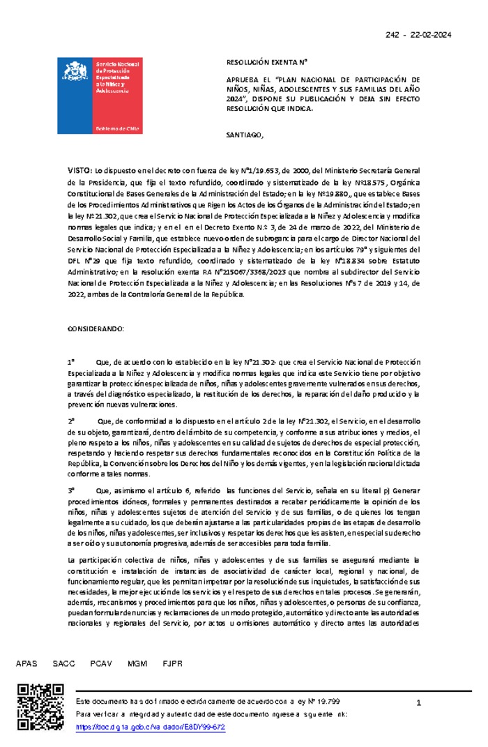 Resolución Exenta Nº242 que aprueba el "Plan Nacional de Participación de Niños, Niñas, Adolescentes y sus Familias del año 2024", dispone su publicación y deja sin efecto resolución que indica