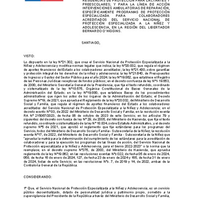 Resolución Exenta Nº289 que resuelve parcialmente el Primer Concurso Público de Proyectos para la línea de acción Cuidado Alternativo en la región de O'Higgins