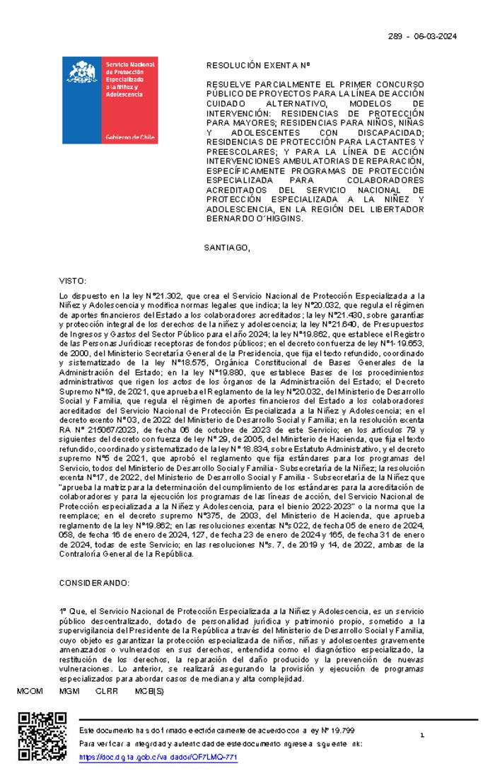 Resolución Exenta Nº289 que resuelve parcialmente el Primer Concurso Público de Proyectos para la línea de acción Cuidado Alternativo en la región de O'Higgins