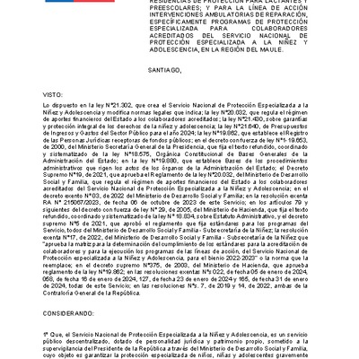 Resolución Exenta Nº292 que resuelve parcialmente el Primer Concurso Público de Proyectos para la línea de acción Cuidado Alternativo en la región de Maule
