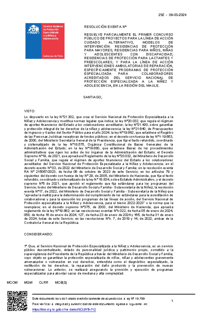 Resolución Exenta Nº292 que resuelve parcialmente el Primer Concurso Público de Proyectos para la línea de acción Cuidado Alternativo en la región de Maule