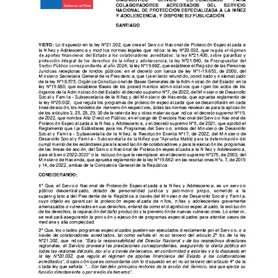 Resolución Exenta N°309, de fecha 08 de marzo de 2024, que aprueba bases administrativas, técnicas y sus anexos y llama al Séptimo Concurso Público de Proyectos para la Línea de Acción Diagnóstico Clínico Especializado y Seguimiento de Casos y Pericia. Específicamente Programa de Diagnóstico Clínico Especializado para Colaboradores Acreditados del Servicio Nacional de Protección Especializada a la Niñez y Adolescencia y dispone su publicación.