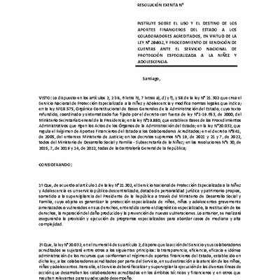 Resolución Exenta Nº264 que instruye sobre el uso y el destino de los aportes financieros del Estado a los colaboradores acreditados, en virtud de la ley Nº20.032, y procedimiento de rendición de cuentas ante el Servicio de Protección