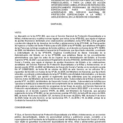 Resolución Exenta Nº315 que resuelve parcialmente el Primer Concurso Público de Proyectos para la línea de acción Cuidado Alternativo