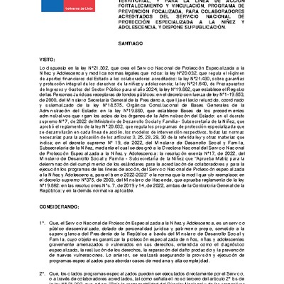 Resolución Exenta Nº332, de fecha 14 de marzo de 2024, que Aprueba Bases Administrativas, Técnicas y sus Anexos y llama al Octavo Concurso Público de Proyectos para la Línea de Acción Intervención Ambulatoria de Reparación, Programa de Acompañamiento Familiar Territorial, y para la Línea de Acción Fortalecimiento y Vinculación, Programa de Prevención Focalizada, para Colaboradores Acreditados del Servicio Nacional de Protección Especializada a la Niñez y Adolescencia, y dispone su publicación
