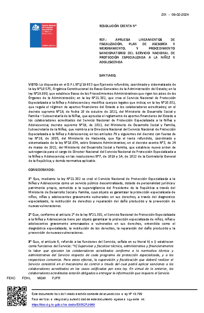 Resolución Exenta Nº201 que aprueba lineamientos de fiscalización, plan de asesoría y mejoramiento y procedimiento sancionatorio del Servicio de Protección