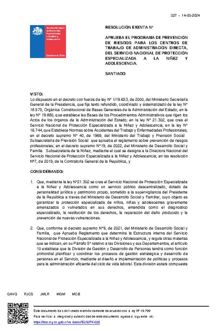 Resolución Exenta Nº327 que aprueba el programa de Prevención de Riesgos para los centros de trabajo de administración directa, del Servicio de Protección