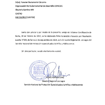 Certificación de sanción firme a Organización No Gubernamental de desarollo COINCIDE