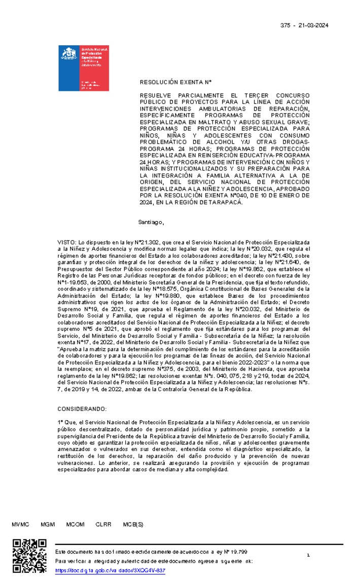 Resolución Exenta Nº375 que resuelve parcialmente el Tercer Concurso Público de Proyectos 2024 en la región de Tarapacá