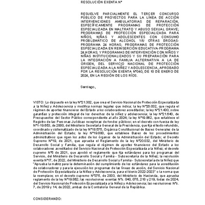 Resolución Exenta Nº371 que resuelve parcialmente el Tercer Concurso Público de Proyectos 2024 en la región de Los Ríos