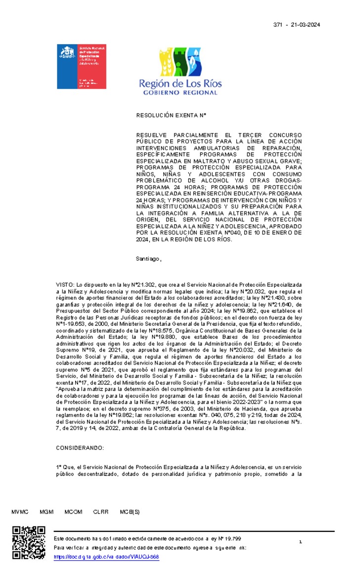 Resolución Exenta Nº371 que resuelve parcialmente el Tercer Concurso Público de Proyectos 2024 en la región de Los Ríos