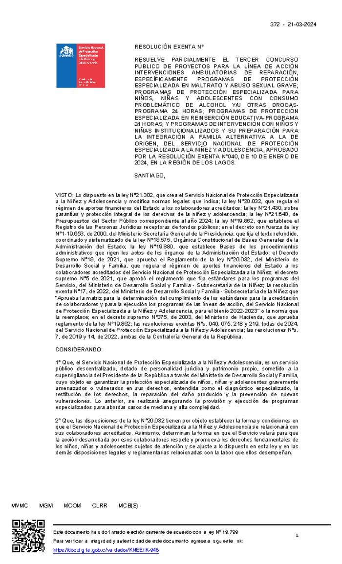 Resolución Exenta Nº372 que resuelve parcialmente el Tercer Concurso Público de Proyectos 2024 en la región de Los Lagos