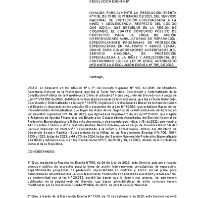 Resolución Exenta N°306 que invalida parcialmente la Resolución Exenta N°1130, de 2023