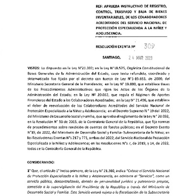 Resolución Exenta Nº309 que aprueba instructivo de registro, control, traspaso y baja de bienes inventariales
