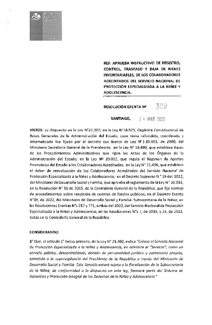 Resolución Exenta Nº309 que aprueba instructivo de registro, control, traspaso y baja de bienes inventariales