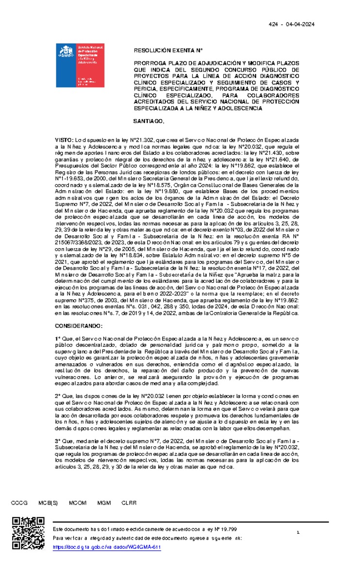 Resolución Exenta N°424, de 04 de abril de 2024, de la Dirección Nacional, que prórroga plazo de adjudicación y modifica plazos que indica