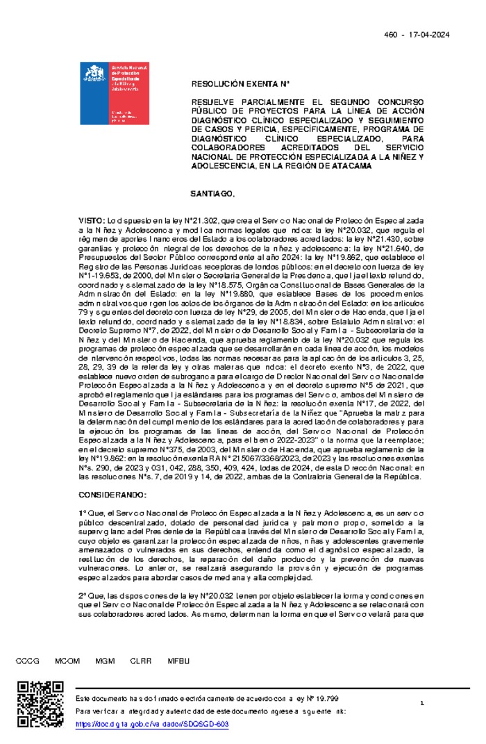 Resolución Exenta Nº460 que resuelve parcialmente el Segundo Concurso Público de Proyectos 2024 en la región de