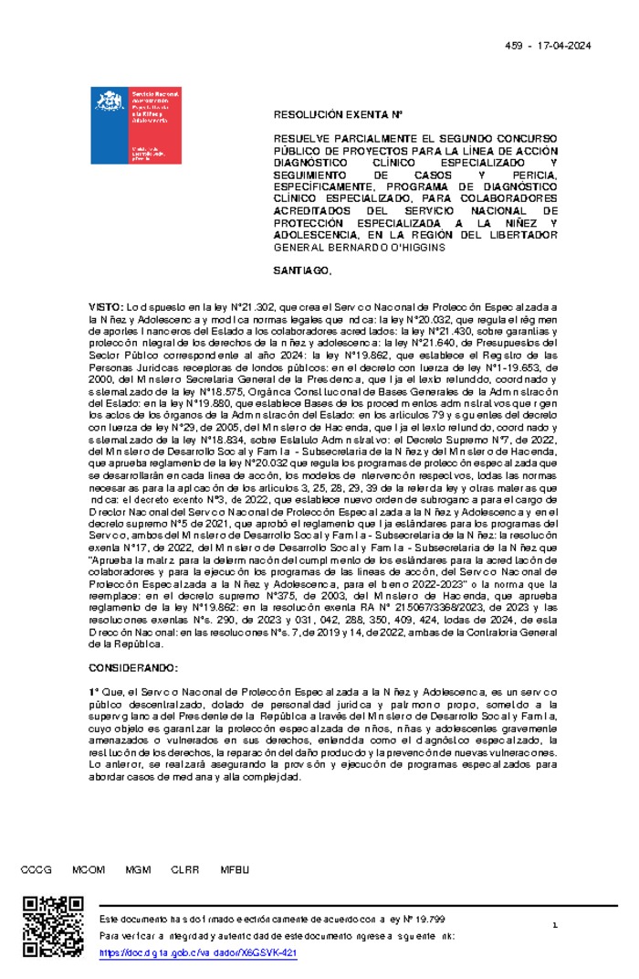 Resolución Exenta Nº459 que resuelve parcialmente el Segundo Concurso Público de Proyectos 2024 en la región de