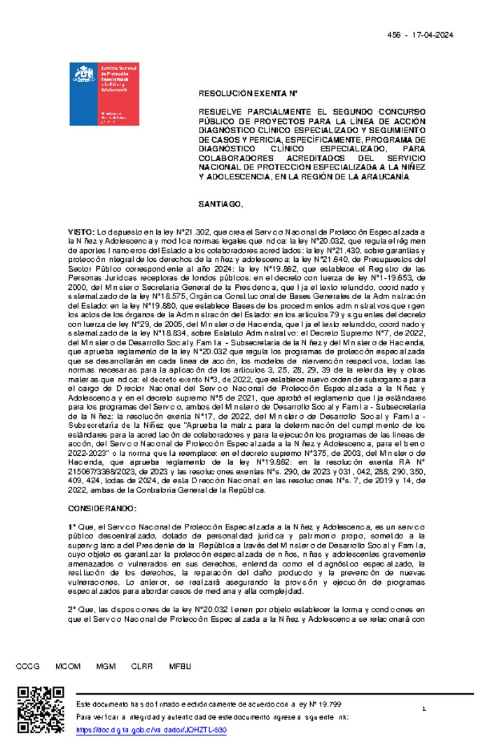 Resolución Exenta Nº456 que resuelve parcialmente el Segundo Concurso Público de Proyectos 2024 en la región de La Araucanía