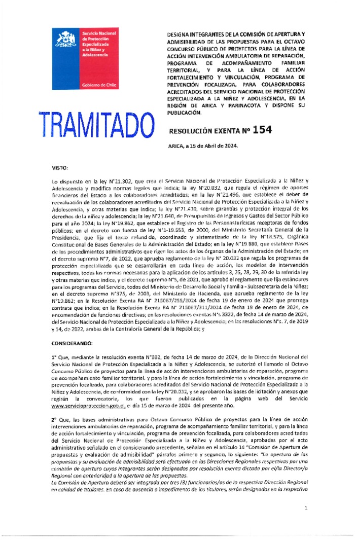 Resoluciones Exentas que designan integrantes de la Comisión de Apertura y Admisibilidad de las propuestas Octavo Concurso Público de Proyectos 2024