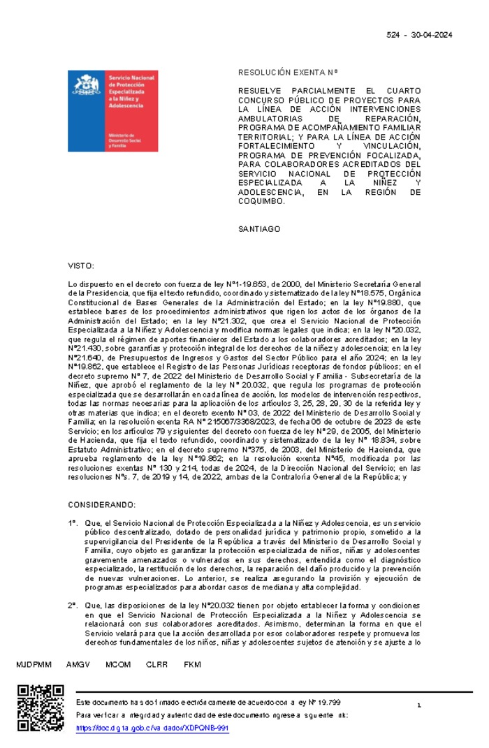 Resolución Exenta Nº524 que resuelve parcialmente el Quinto Concurso Público de Proyectos 2024 en la región de Coquimbo