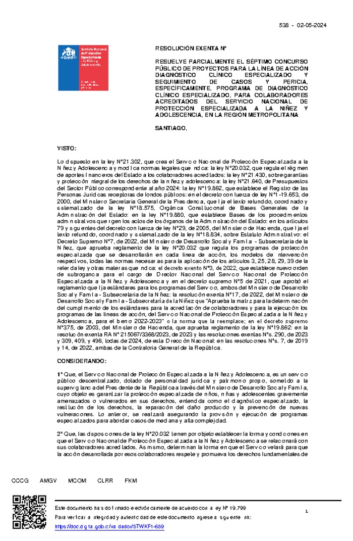 Resolución Exenta Nº538 que resuelve parcialmente el Séptimo Concurso Público de Proyectos para la línea de acción Diagnóstico Clínico Especializado en la Región Metropolitana