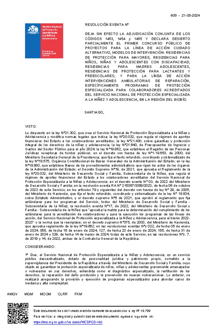 Resolución Exenta Nº609 que deja sin efecto la adjudicación conjunta de los códigos 1453, 1454 y 1455 y declara desierto parcialmente el Primer Concurso Público de Proyectos 2024 en la región del Biobío