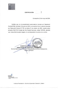Resolución Exenta N 1700-2022 y Certificación firme del 23-05-2024 Amonestación escrita a Fundación Ciudad del Niño Ricardo Espinoza, REM PER Ciudad del Niño, Región del Biobío