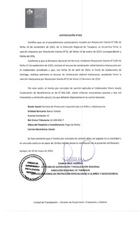 Resolución Exenta N 15-2023 y Certificación firme del 23-05-2024 Multa 20% Corporación de Beneficencia María Ayuda, REM Nuestra Señora de la Esperanza, Región de Tarapacá