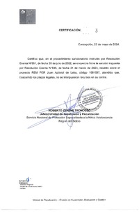 Resolución Exenta N 546-2023 y Certificación firme del 23-05-2024 Amonestación escrita Fundación Social Movillennio REM PER Juan Apóstol de Lebu, Región del Biobío