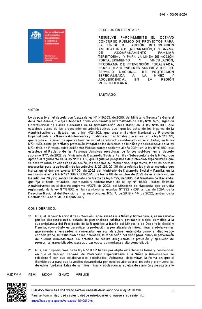 Resolución Exenta Nº646 que resuelve parcialmente el Octavo Concurso Público de Proyectos 2024 en la Región Metropolitana