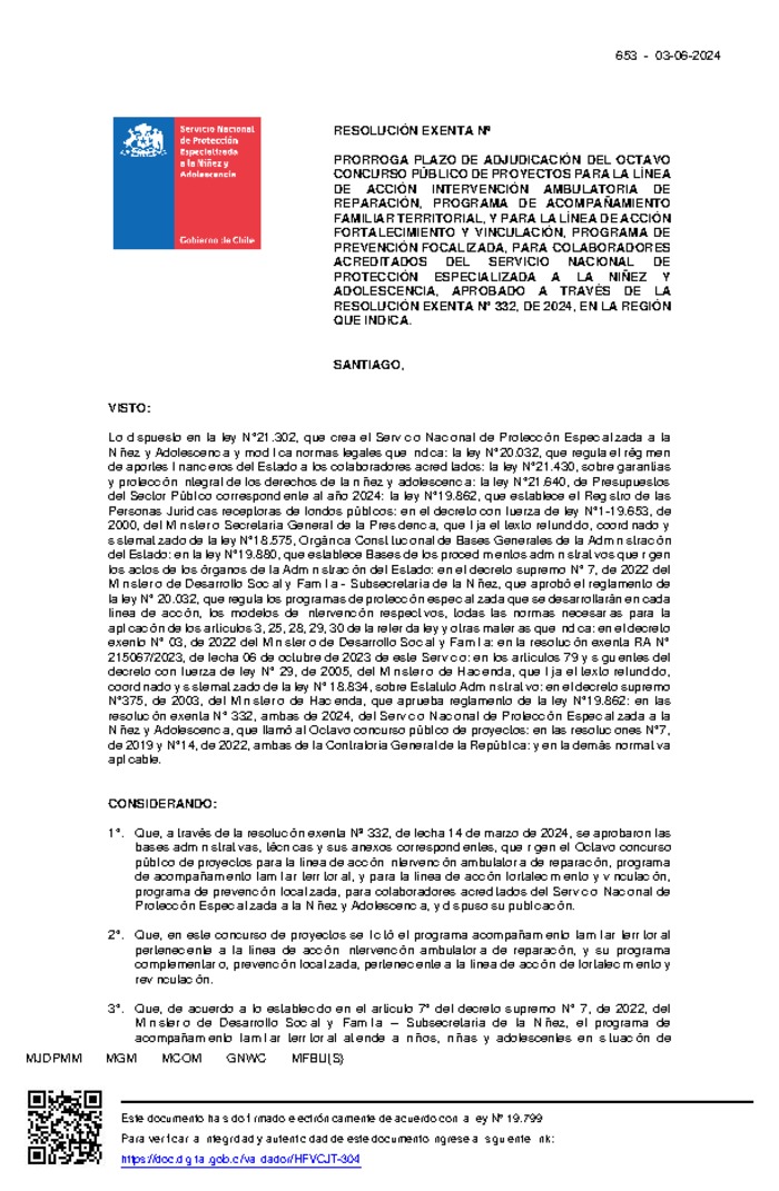 Resolución Exenta Nº653 que prorroga plazo de adjudicación del Octavo Concurso Público de Proyectos en la región de Biobío