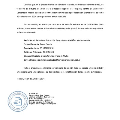 Certificación Sanción Firme N°3-2024 y REX N°47-2023 Multa 20% - Corporación PRODEL – Tarapacá