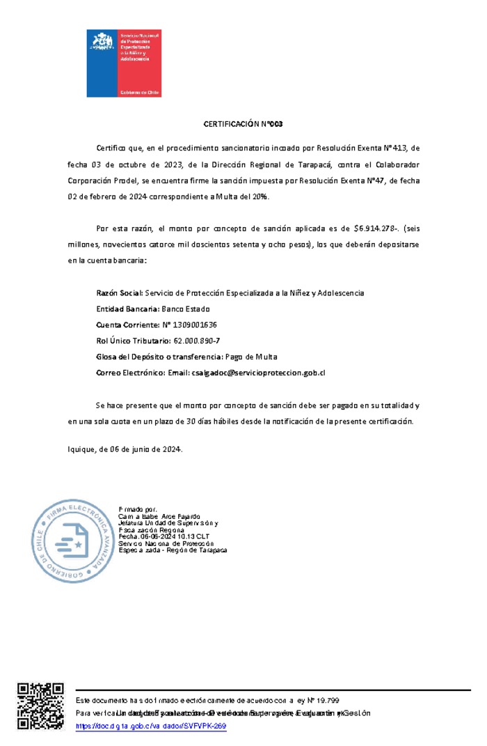 Certificación Sanción Firme N°3-2024 y REX N°47-2023 Multa 20% - Corporación PRODEL – Tarapacá