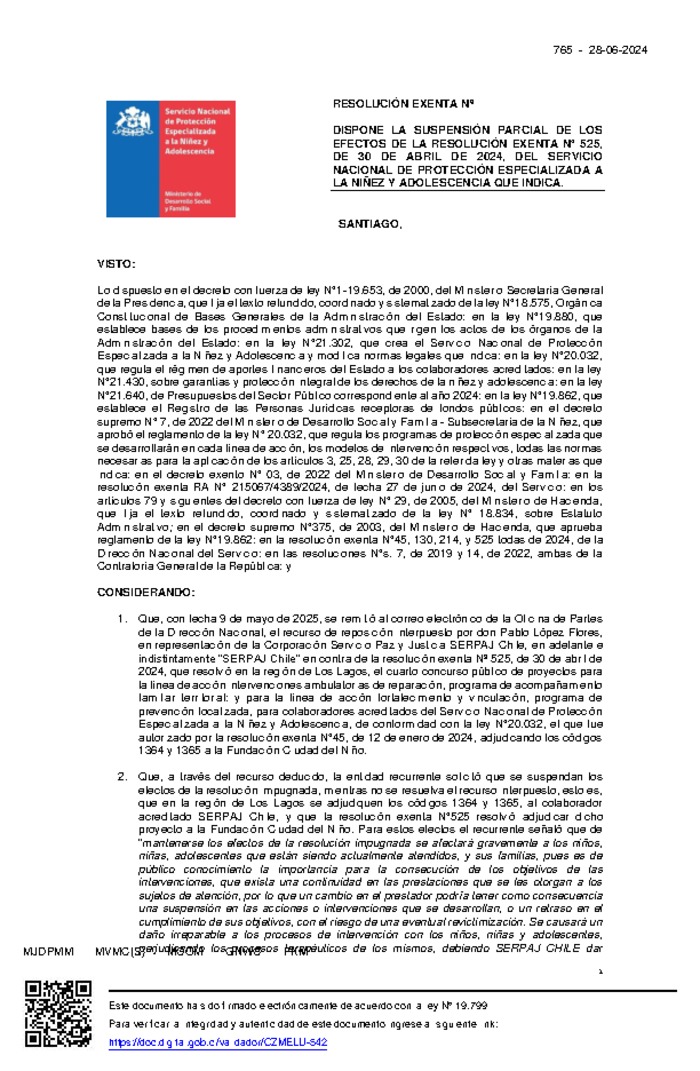 Resolución Exenta Nº765