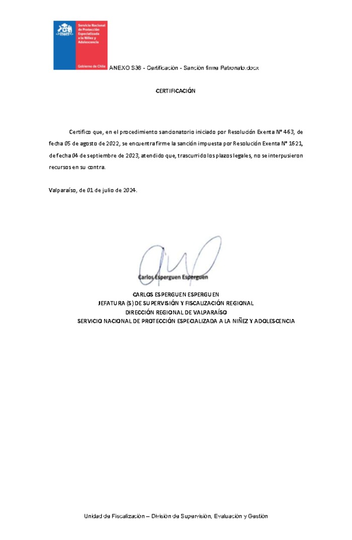 Resolución Exenta Nº1621 - Sanción a Patronato de los Sagrados Corazones de Valparaíso