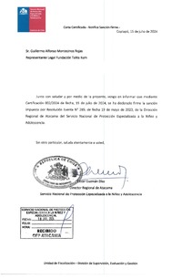 Resolución Exenta N° 289/2023 y certificación 2/2024, Amonestación Escrita-Fundación Talita Kum-PRM Larisa- Atacama