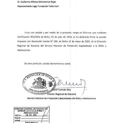 Resolución Exenta N° 289/2023 y certificación 2/2024, Amonestación Escrita-Fundación Talita Kum-PRM Larisa- Atacama