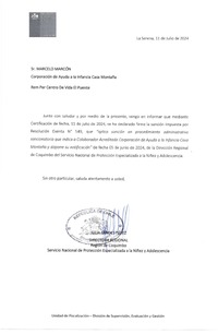 Resolución Exenta Nº549/2024 y Certificación firme 1/2024. Amonestación Escrita-Corporación Ayuda a la Infancia Casa Montaña-REM Centro de Vida