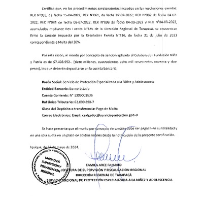 Certificación N°2 y Resolución Exenta Nº145 y 316-2023 de Tarapacá, multa del 30% Fundación Niño y Patria, REM – Tte. Merino