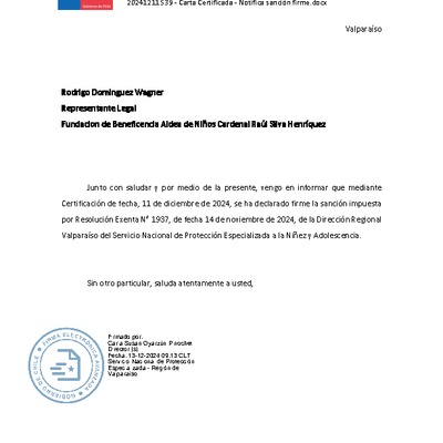Resolución Exenta N* 1937y certificación firme Amonestación REM Punta Tralca- Fundación Aldea Niños Cardenal  Raul Silva Henriquez